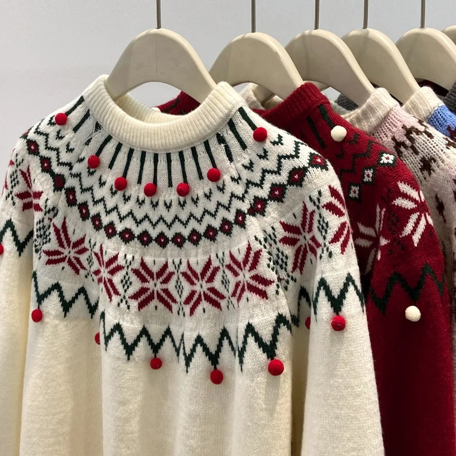Women's Fair Isle sweater with turtleneck and decorative beads, white
