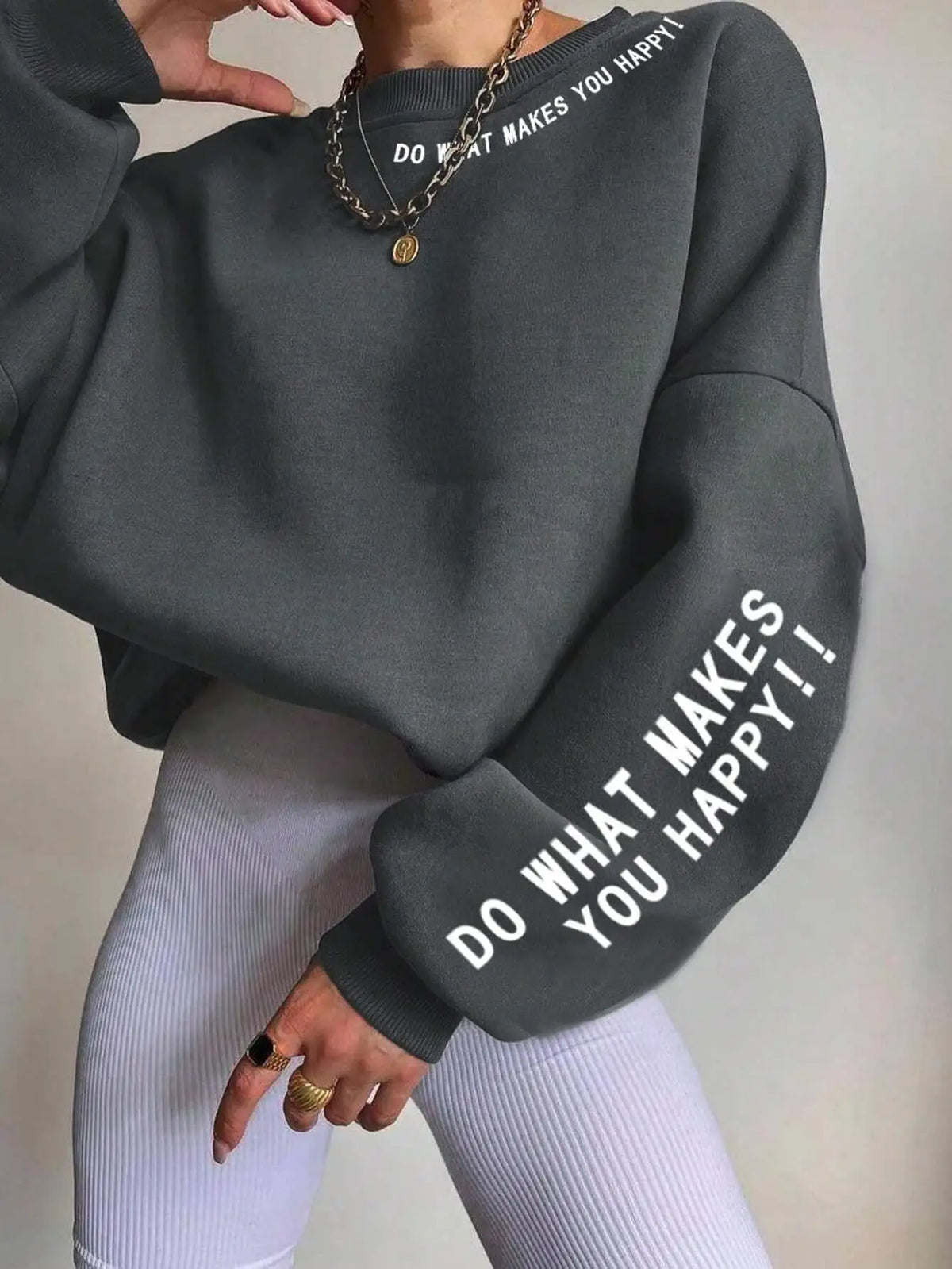 Women's crew-neck long-sleeve sweatshirt with "Do What Makes You Happy" slogan print