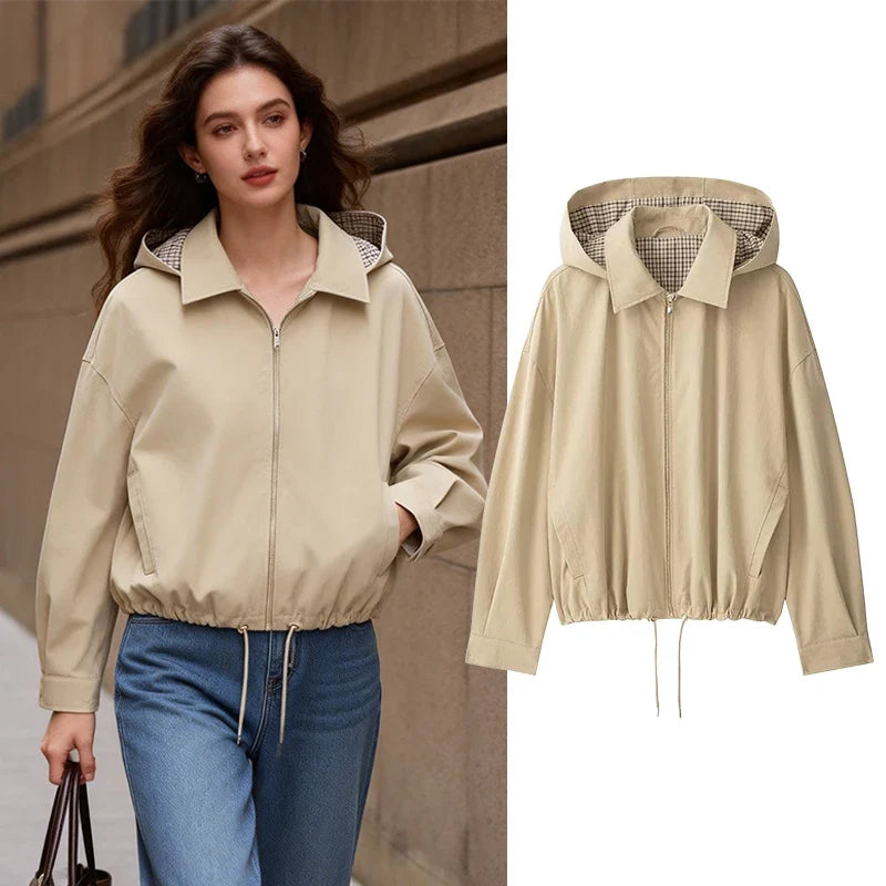 Kurze Damen Jacke mit Kapuze – Beige, Reißverschluss und Kordelzug