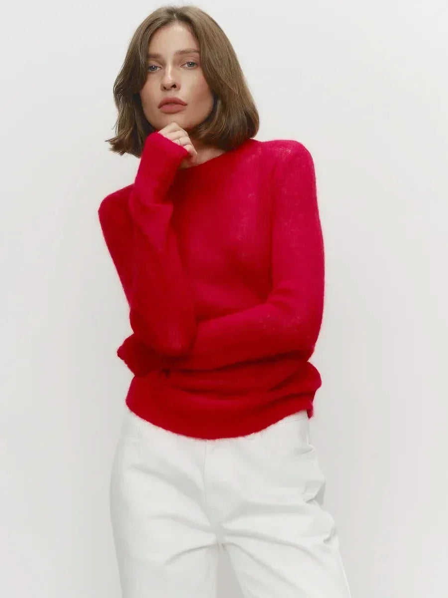 Damen Pullover leicht transparent Feinstrick Rundhals Langarm