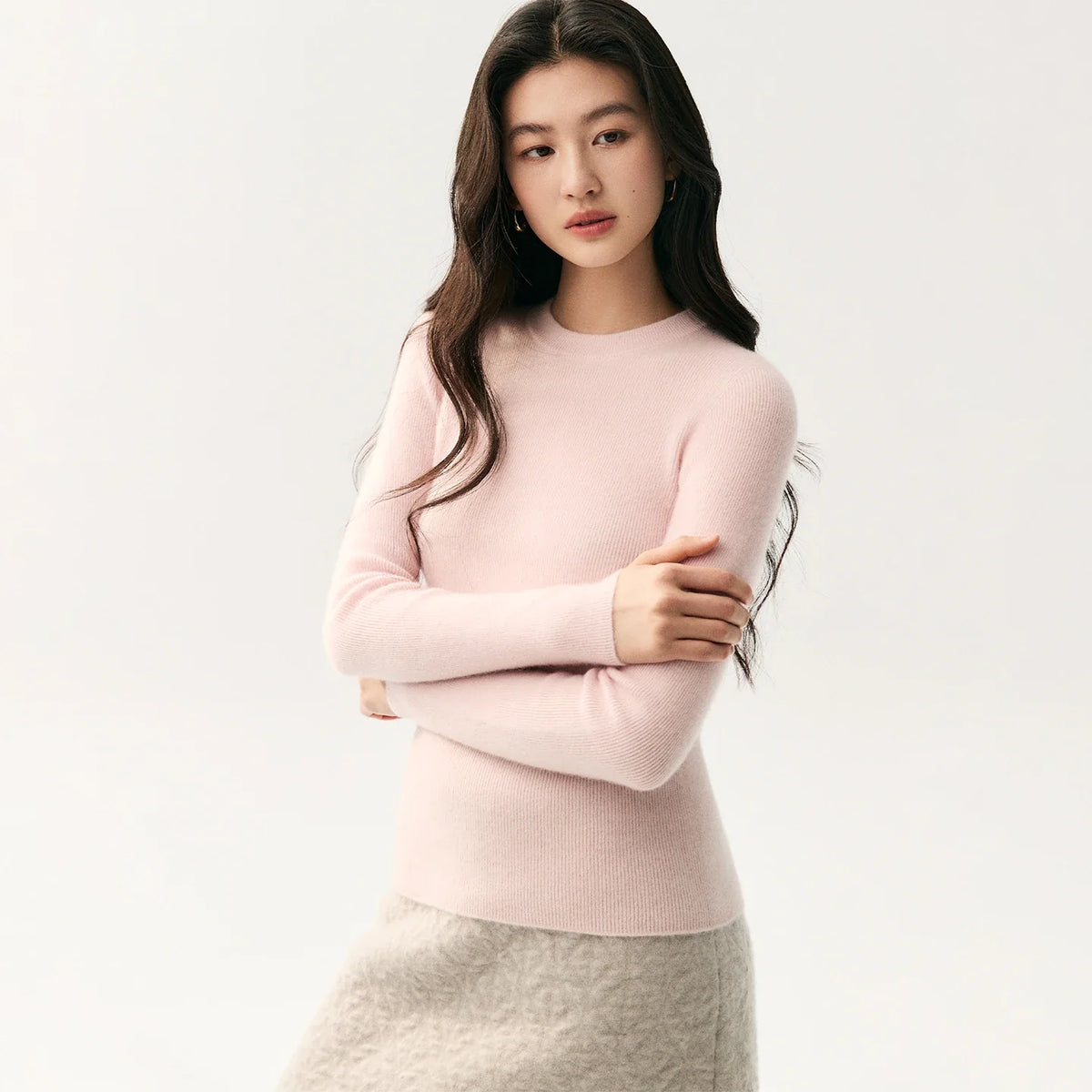 Damen Pullover Rundhals Langarm Gerippter Saum in verschiedenen Farben
