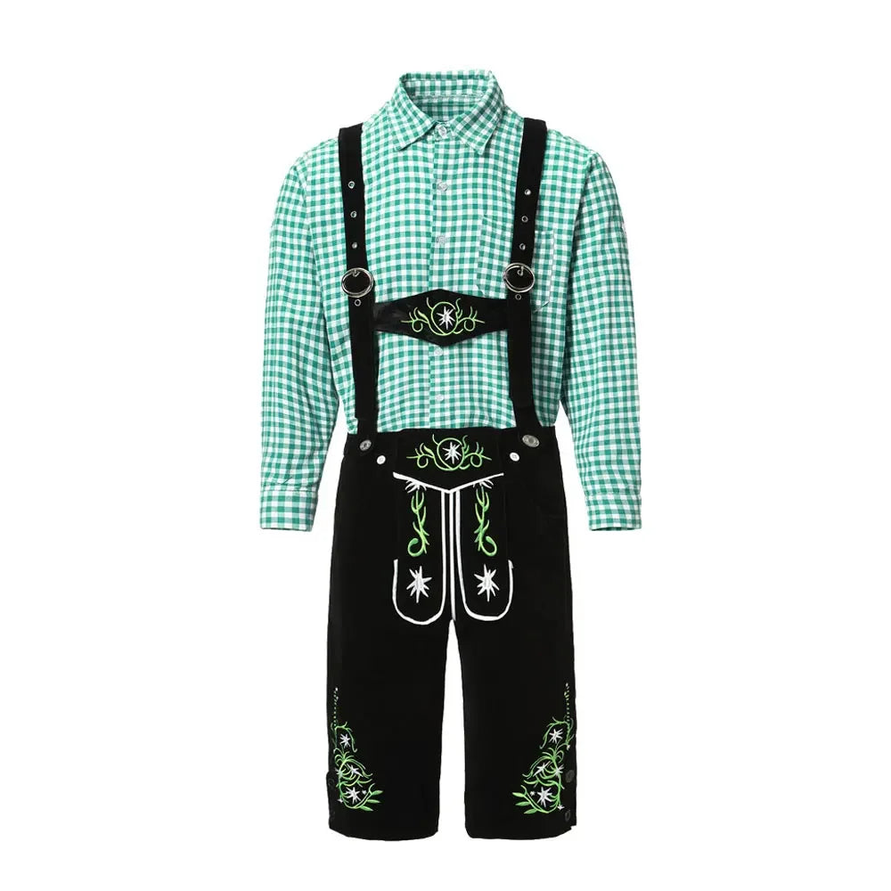 Men's traditional leather pants set with shirt and suspenders, black or brown