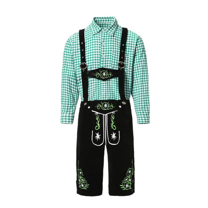 Men's traditional leather pants set with shirt and suspenders, black or brown