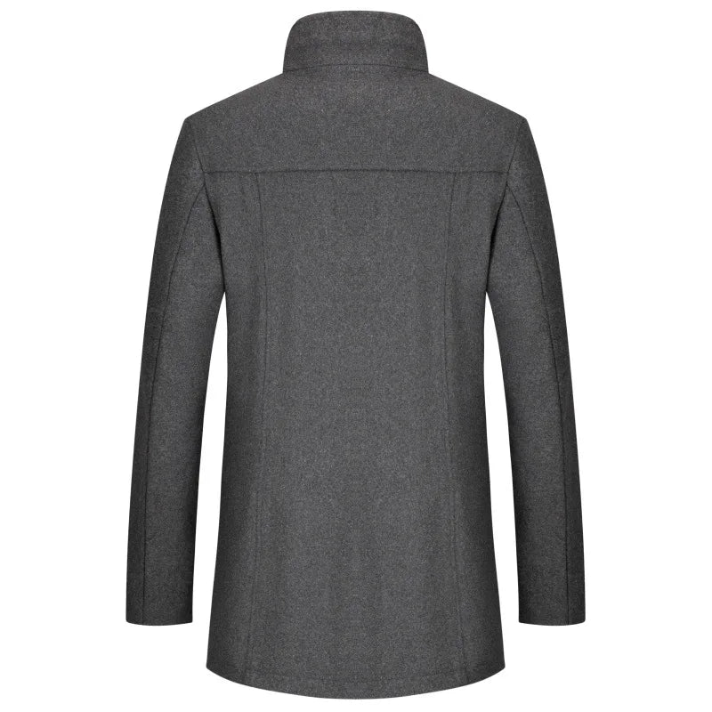 Men's wool jacket with stand-up collar, winter coat with zipper and buttons