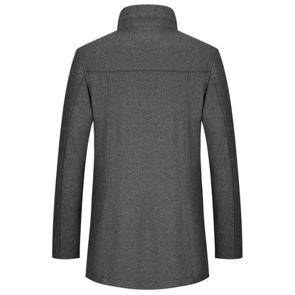 Men's wool jacket with stand-up collar, winter coat with zipper and buttons
