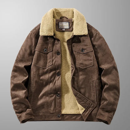 Men's Winter Jacket Suede Look with Teddy Lining, Button Closure