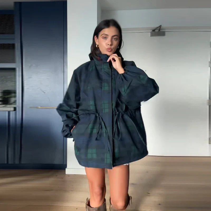Damen karierte Regenjacke mit Kapuze, blau-grün