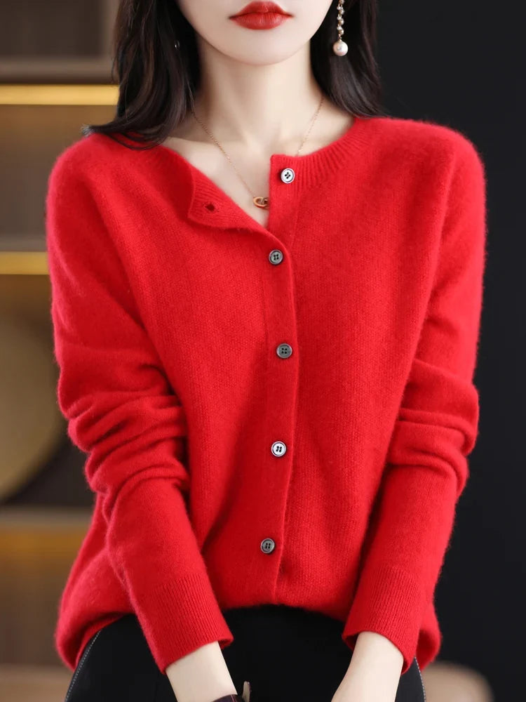 Women's crew-neck knitted cardigan with button placket, long-sleeve
