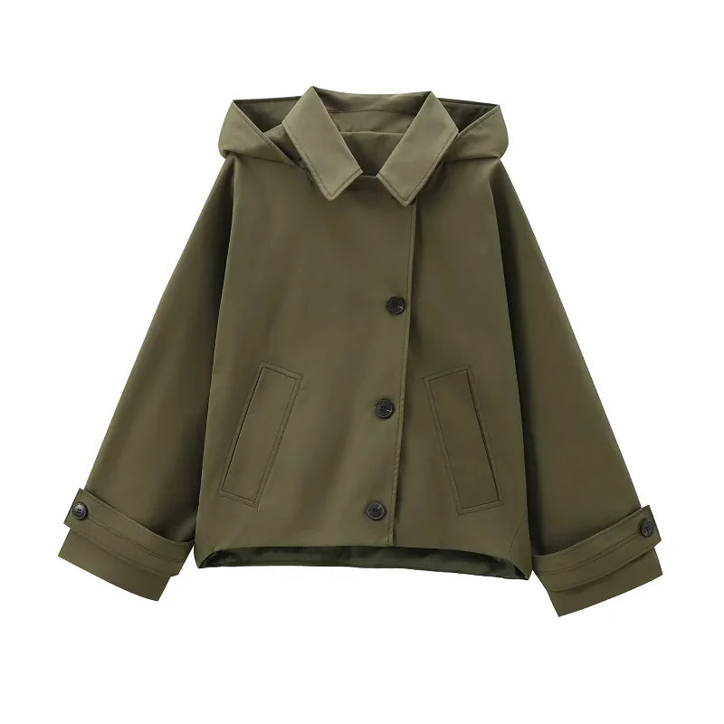 Kurze Jacke mit Kapuze für Damen, lockerer Schnitt, Khakigrün