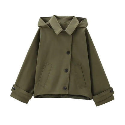 Kurze Jacke mit Kapuze für Damen, lockerer Schnitt, Khakigrün