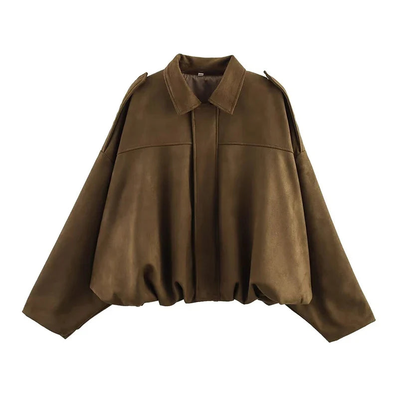 Women's short bomber jacket, oversized, green with collar