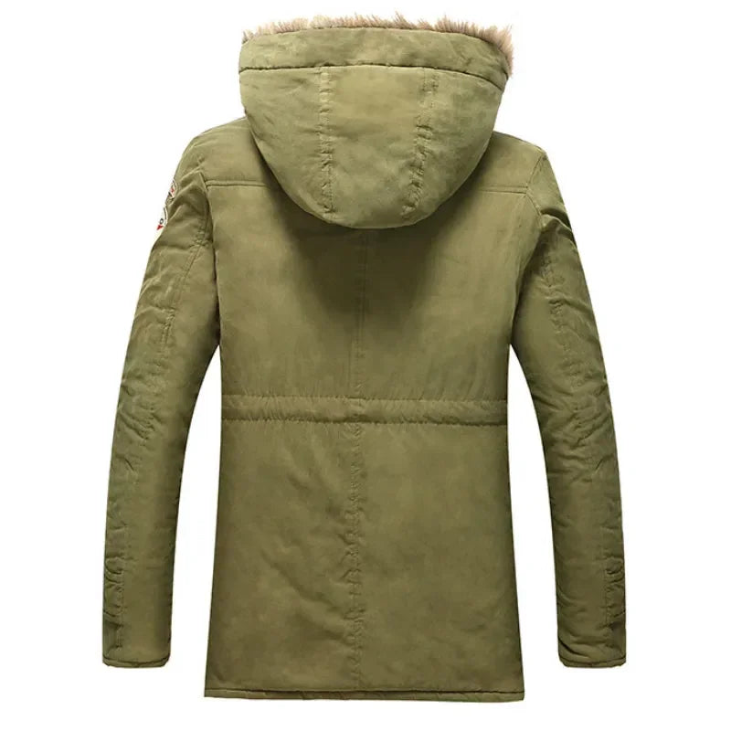 Men's winter parka with hood, faux-fur lining & patches, khaki