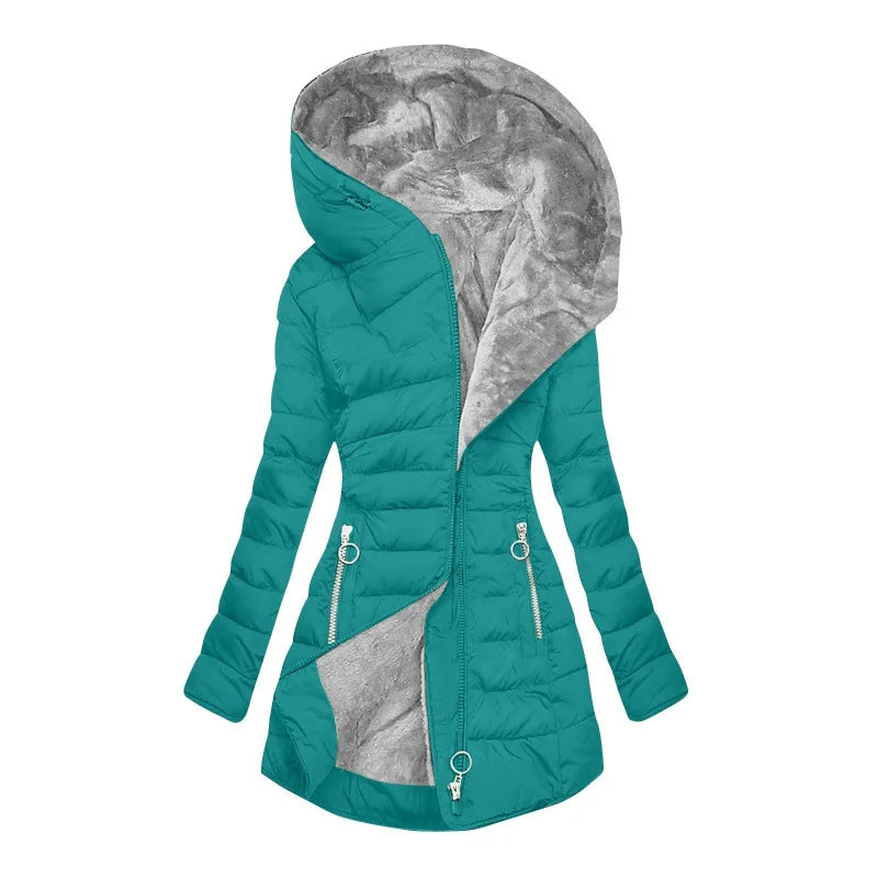 Women's long-sleeved padded winter jacket with hood