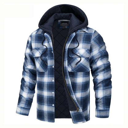 Men's plaid shirt jacket with hood, lined