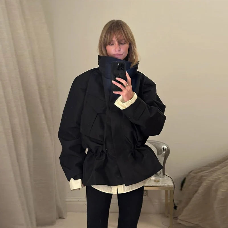 Women's black high-collar short oversized jacket with drawstring