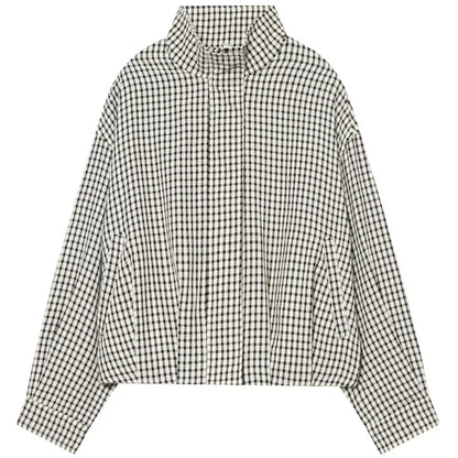 Damen Karo-Bluse Oversize Stehkragen Gesteppte Ärmel