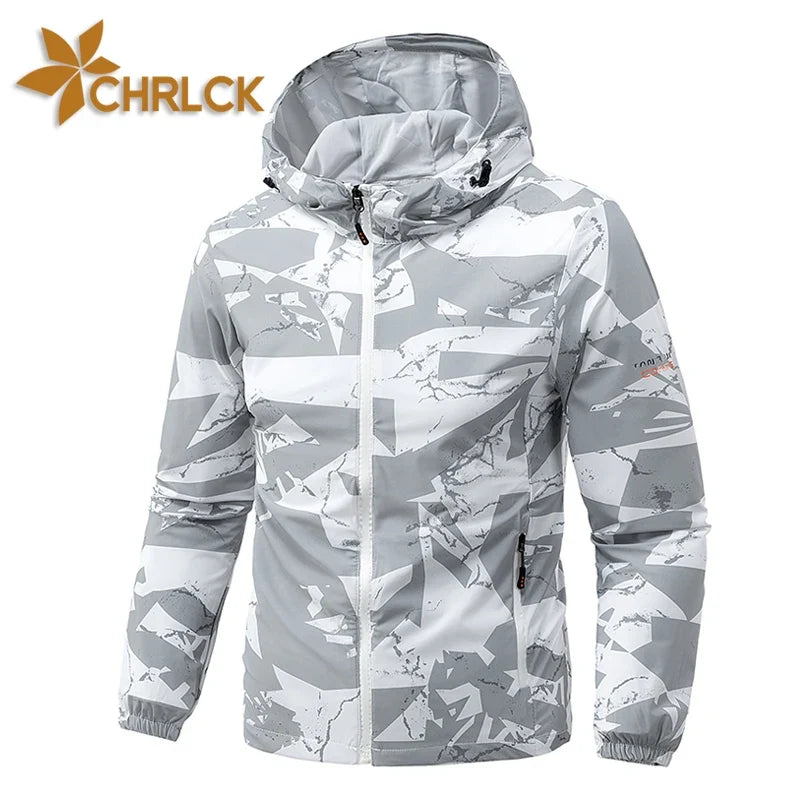 Men's hooded windbreaker jacket, lightweight outer material, camouflage pattern