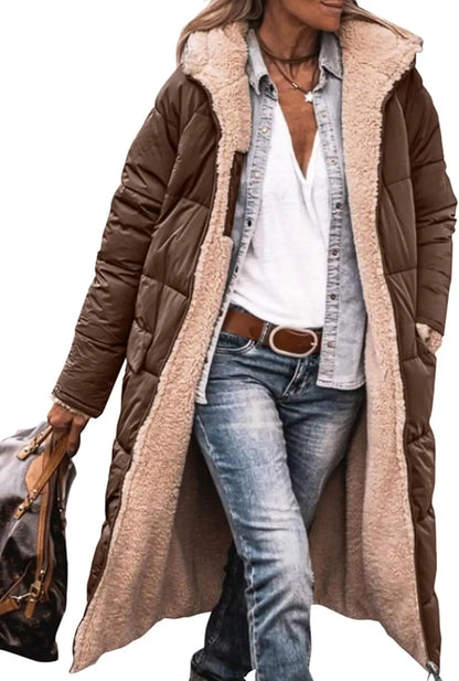Long women's quilted coat with teddy lining & hood - Warmly lined winter coat