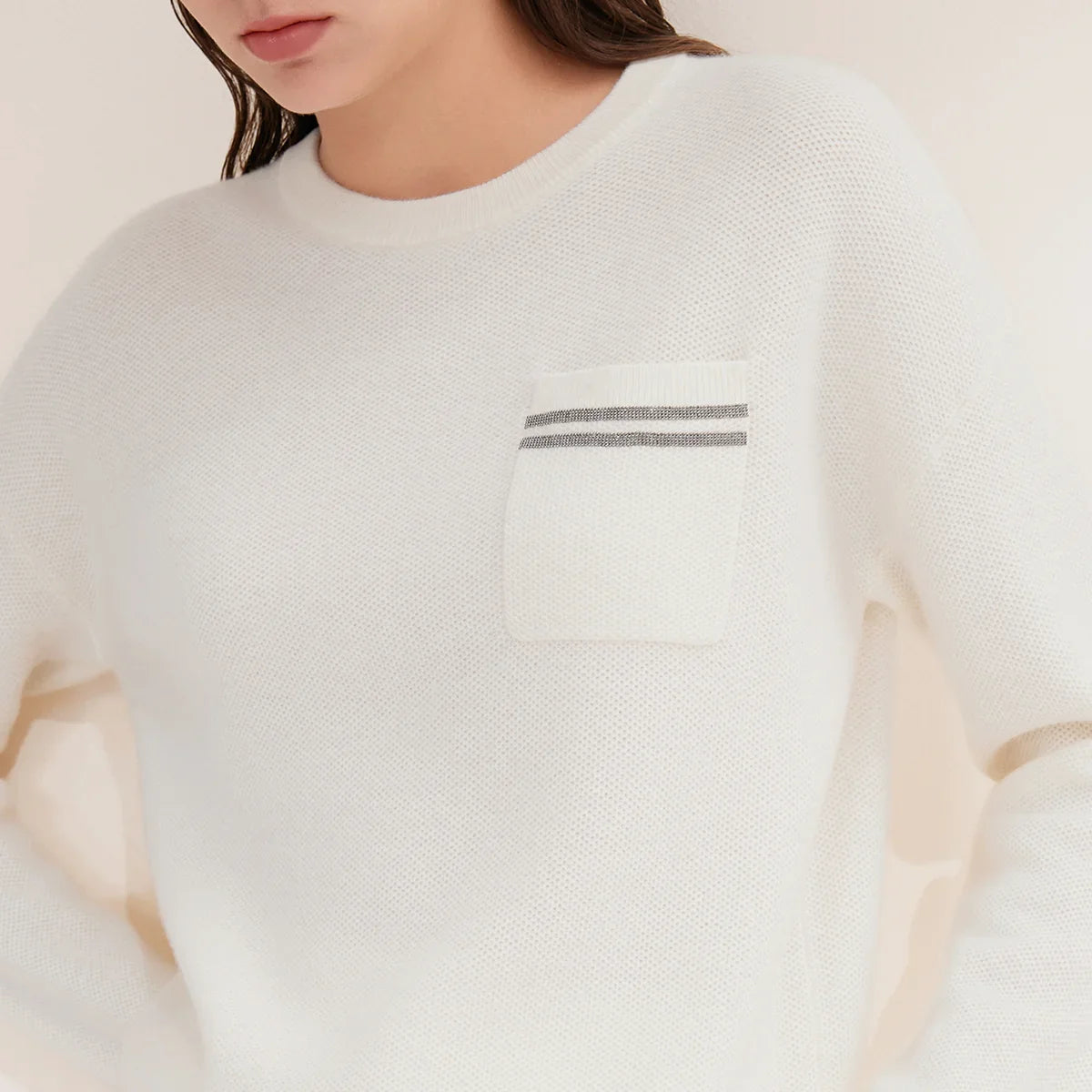 Women's crew-neck sweater with chest pocket and stripes