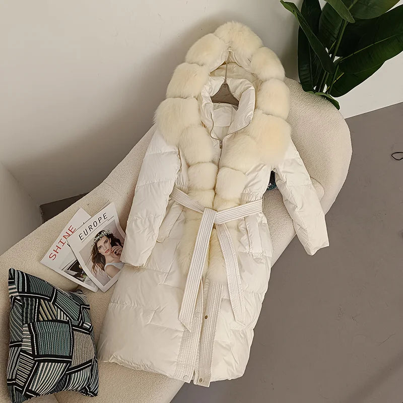 Damen Daunenmantel mit Pelzkapuze und Bindegürtel, gepolstert, lange Winterjacke