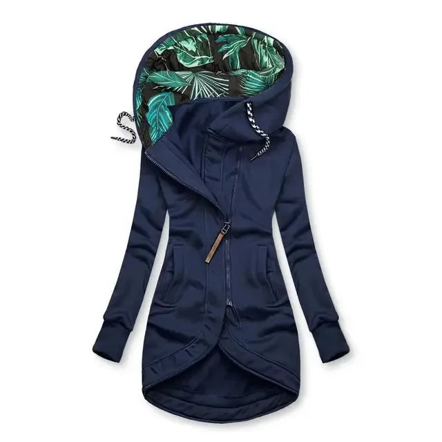 Women's hoodie jacket with leaf-print lining, asymmetrical zipper & drawstring