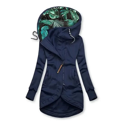 Women's hoodie jacket with leaf-print lining, asymmetrical zipper & drawstring