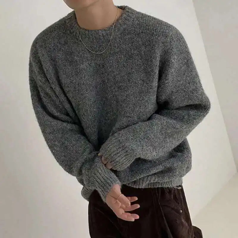 Men's Chunky-Knit Crew-Neck Sweater Gray Long-Sleeve