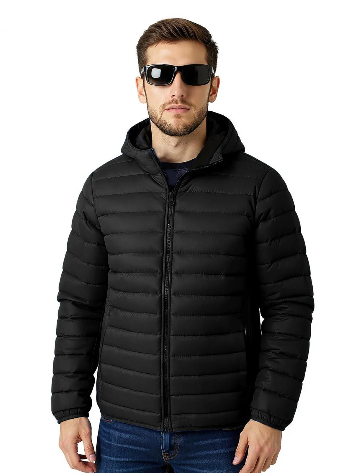 Padded quilted jacket with hood for men - lightweight and windproof, various colors