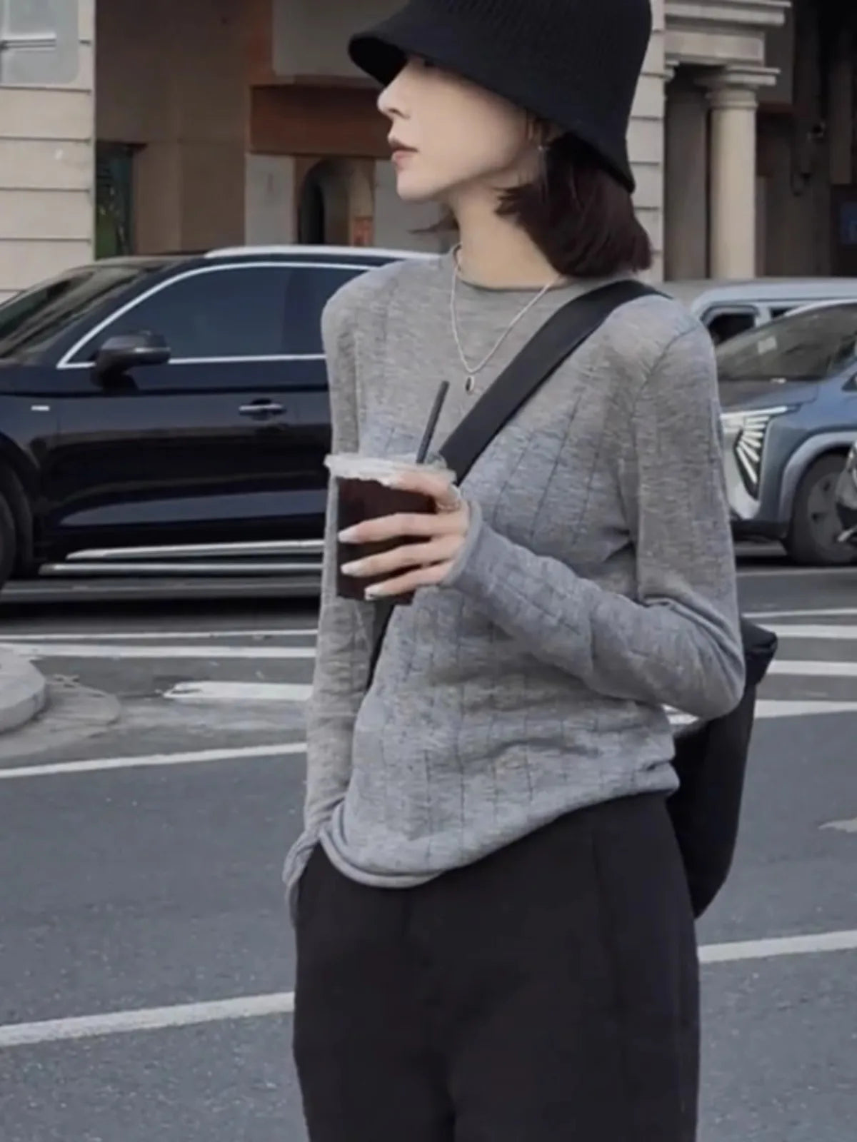 Women's Ribbed Long-Sleeved Shirt, Gray, Crew Neck, Stretch Look, Slim Fit