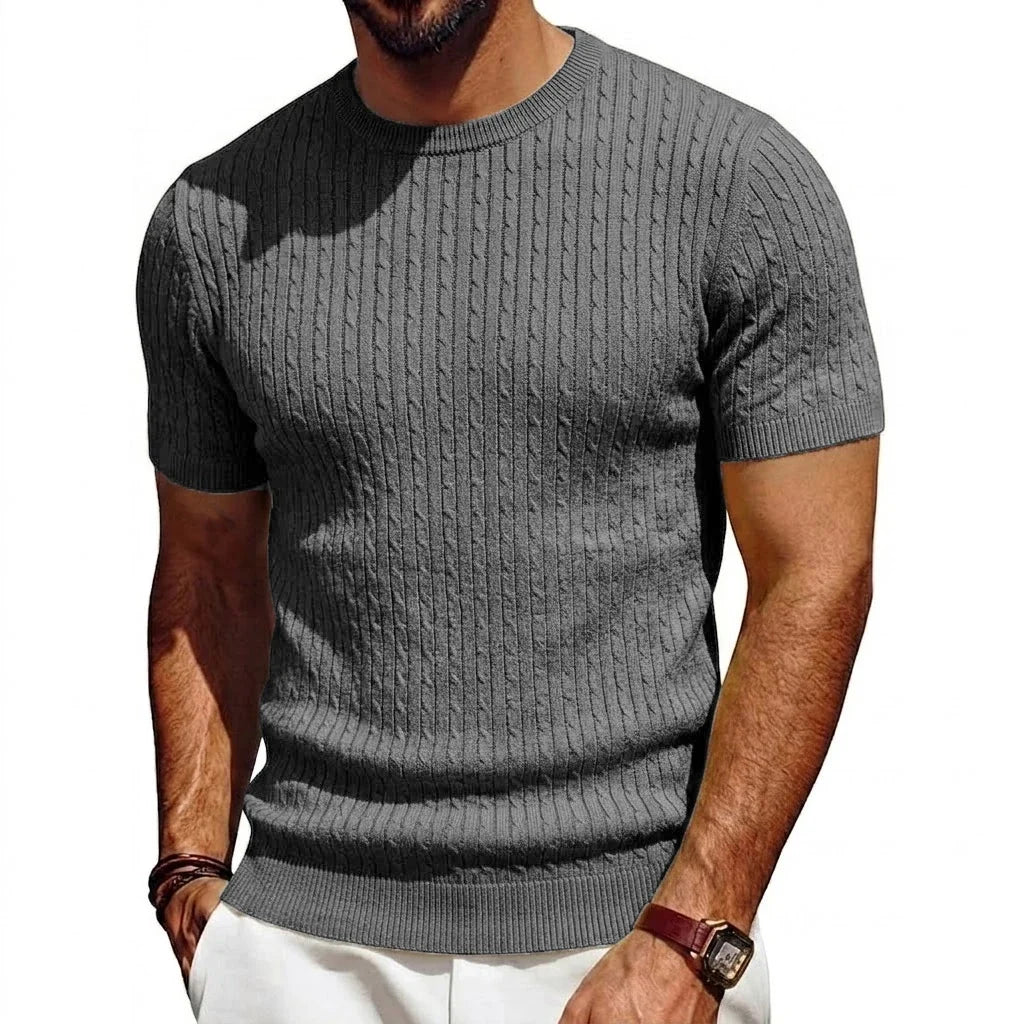 Men's short-sleeve knit pullover cable-knit pattern crew neck