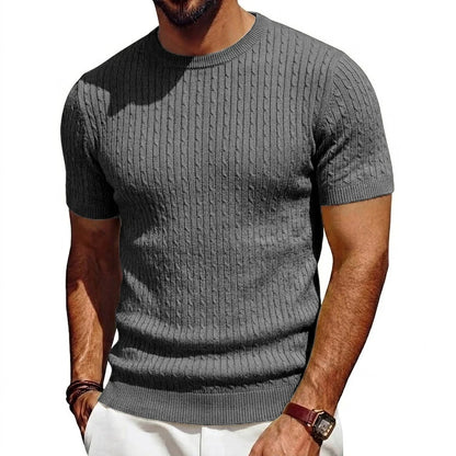 Men's short-sleeve knit pullover cable-knit pattern crew neck