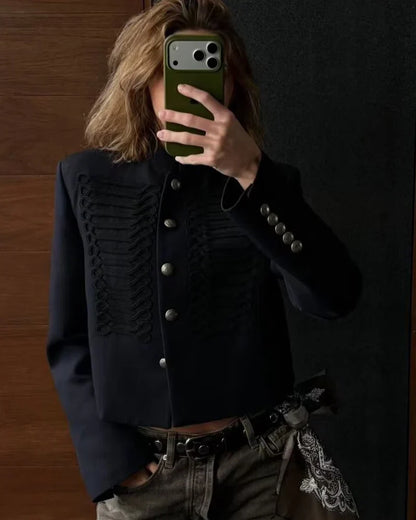 Kurze Marineblaue Jacke mit Stehkragen und Zierknöpfen