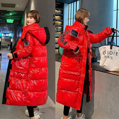 Langer glänzender Winter-Puffer-Mantel mit Kapuze Damen