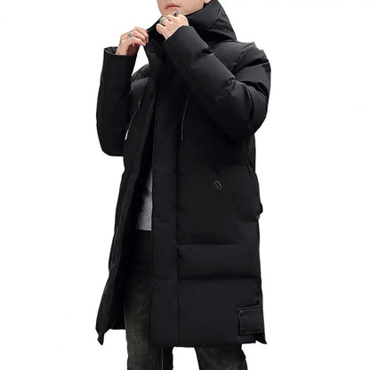 Men's long quilted coat with hood and zipper