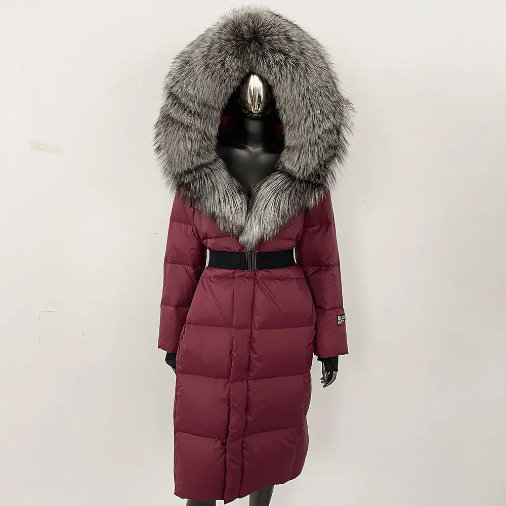 Women's long winter quilted coat with faux-fur hood and belt