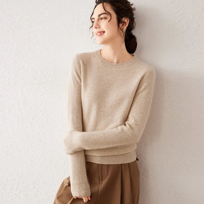Women's crew-neck long-sleeve basic knitted sweater, cozy pullover