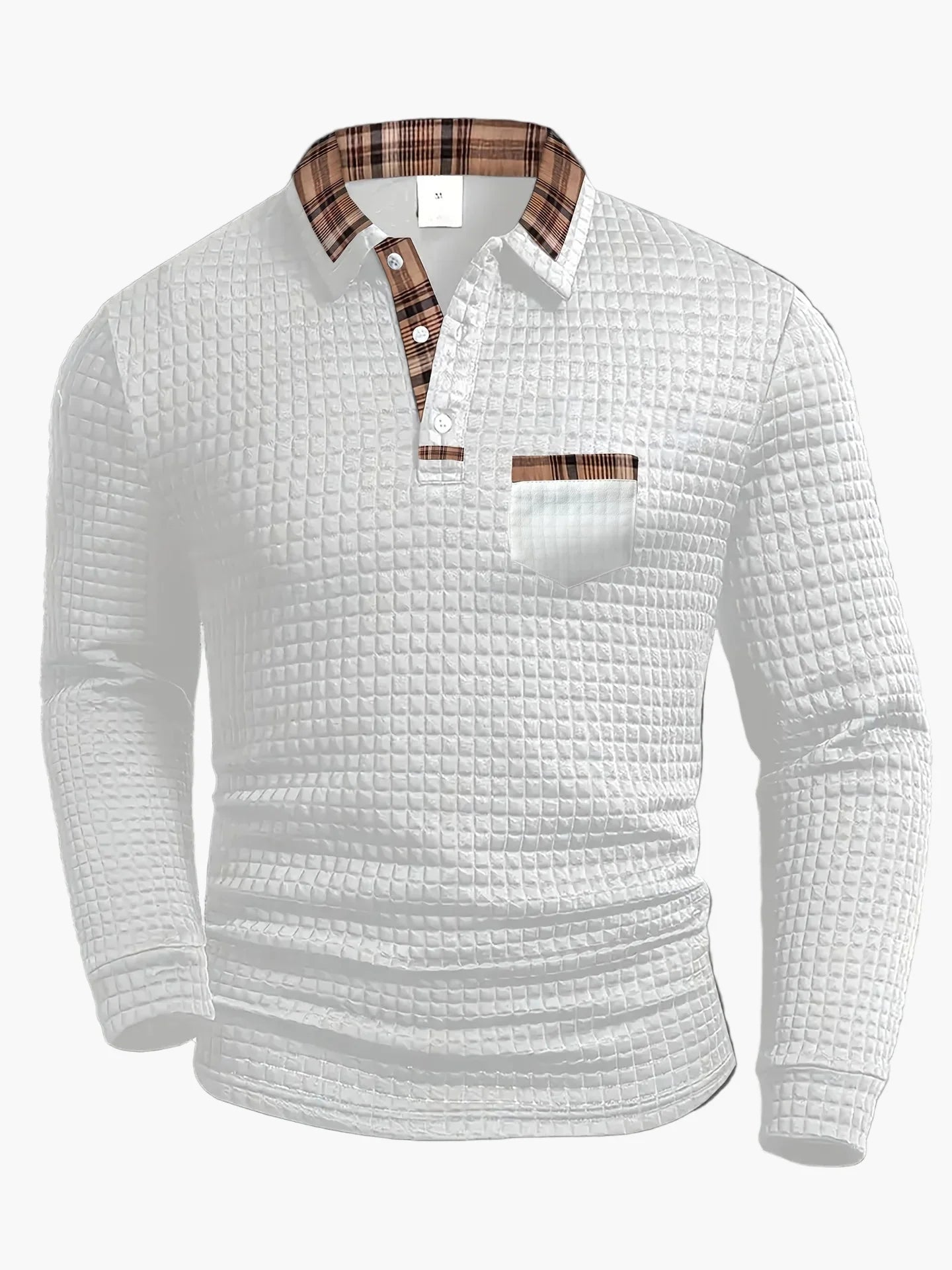 Men's Long Sleeve Casual Polo Shirt with Check Details – Stylish Waffle Pattern, Ideal for Everyday & Office