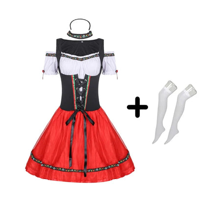 Dirndl Kostüm Rot/Schwarz Kurz mit Rüschen und Korsettschnürung Damen