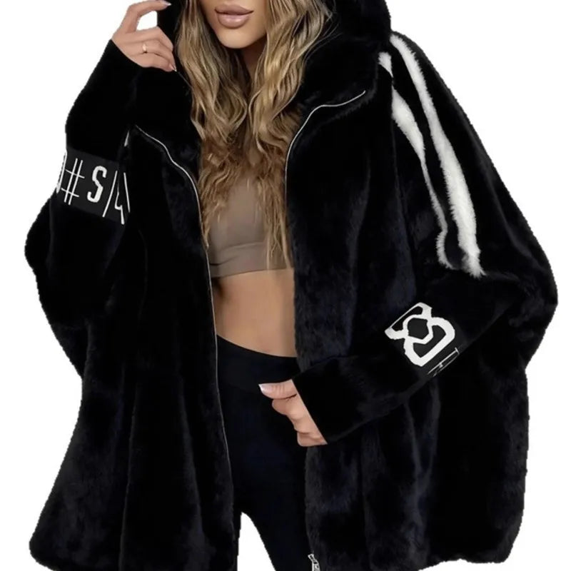 Women's plush hooded jacket with knitted sleeves and stripes