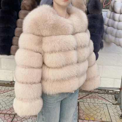 Women's faux fur jacket with voluminous sleeves and high collar