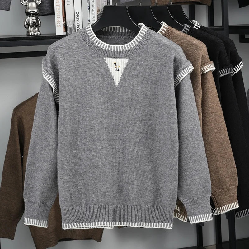 Men's Crew-Neck Knit Sweater with Pattern Detail and Contrast Cuffs