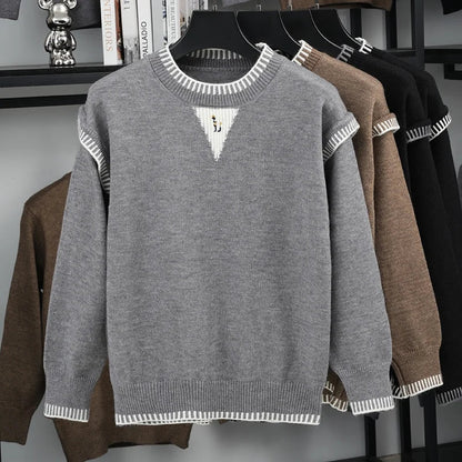 Men's Crew-Neck Knit Sweater with Pattern Detail and Contrast Cuffs