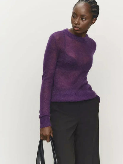 Damen Pullover leicht transparent Feinstrick Rundhals Langarm