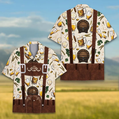 Kurzarm Hemd im Trachten-Design mit Lederhosen-Motiv und Bierkrügen