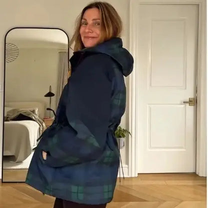 Damen karierte Regenjacke mit Kapuze, blau-grün