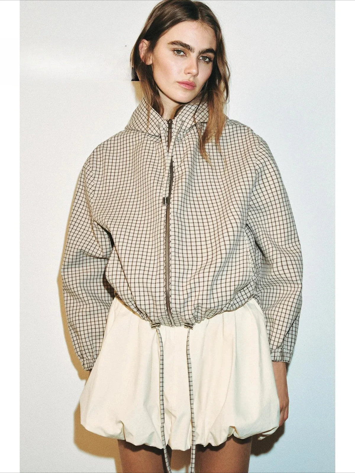 Karierte Kapuzenjacke Damen Beige Braun mit Reißverschluss