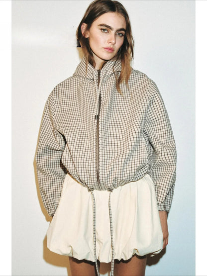 Karierte Kapuzenjacke Damen Beige Braun mit Reißverschluss