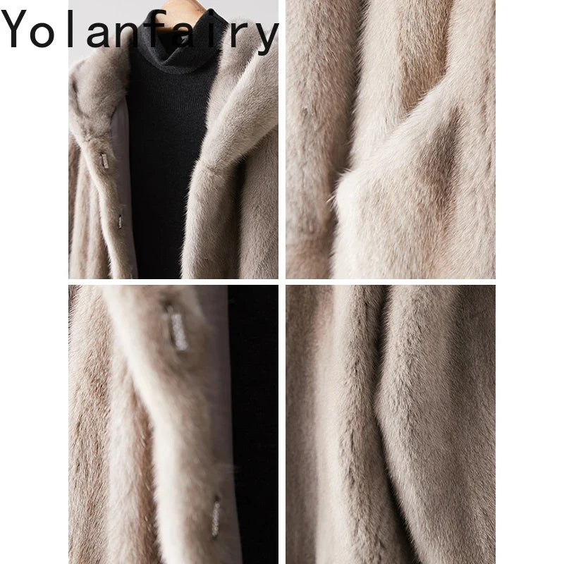 Damen Kapuzenmantel Flauschiger Wintermantel Beige Mittellang