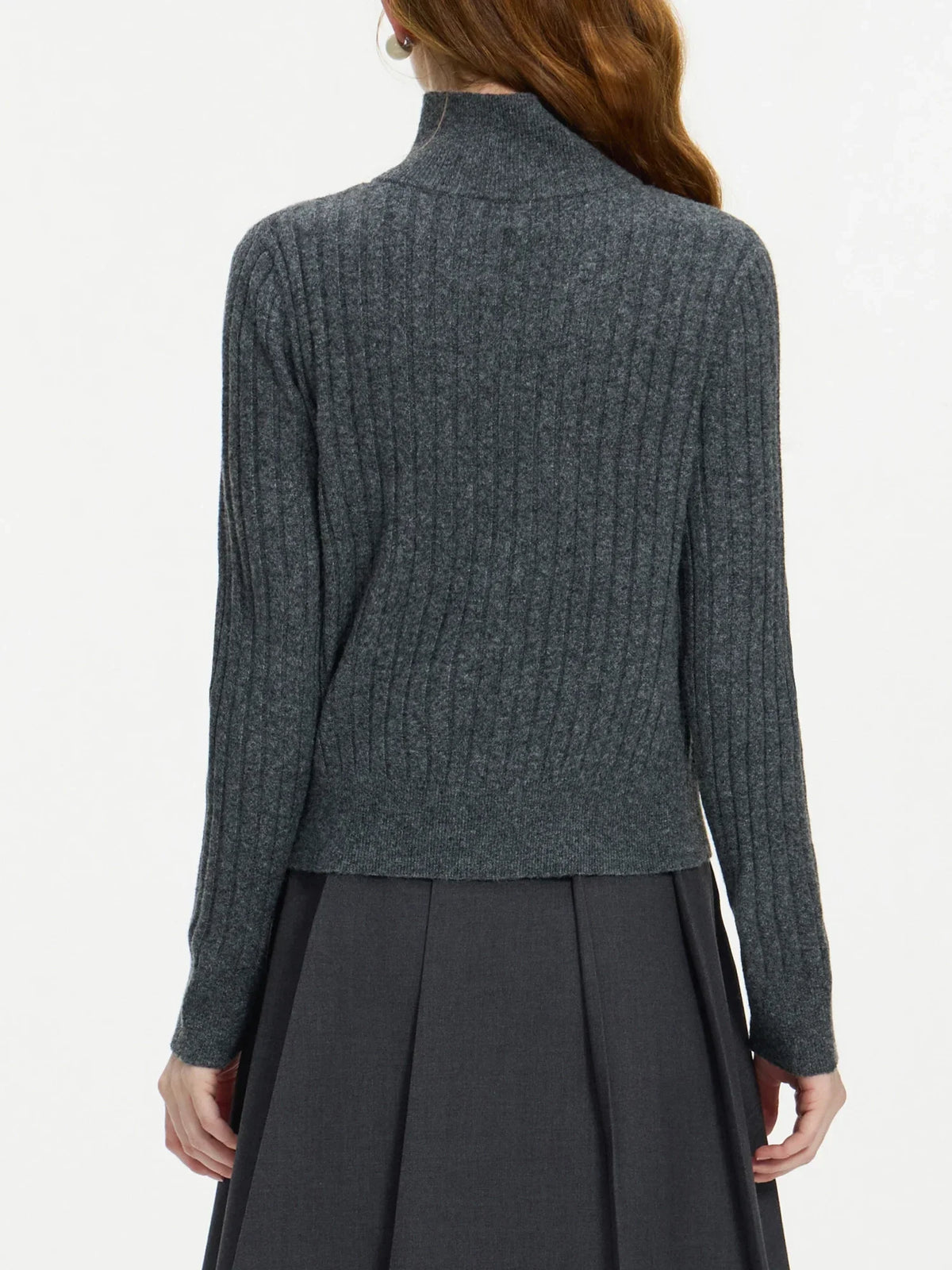Gerippter Pullover Damen Dunkelgrau mit Polokragen & Knopfleiste