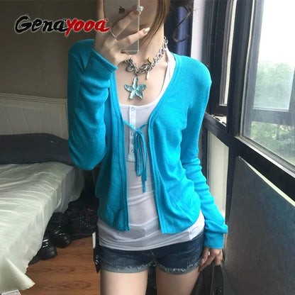 Women's rib-knit cardigan in turquoise with long sleeves and V-neck